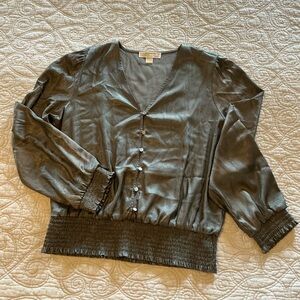 Michael Kors Charcoal Grey Metallic Smocked Blouse Women’s size L